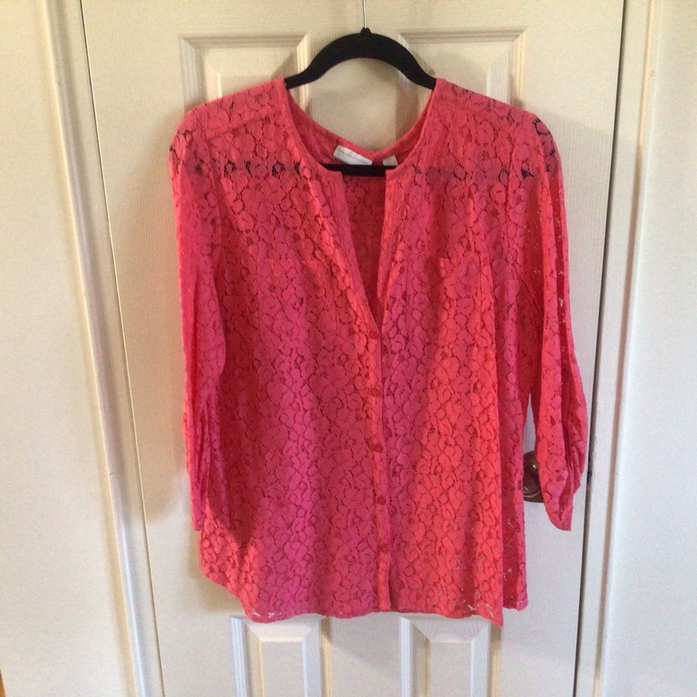 New York & Co, Large Hot Pink Lace 3/4 Length Sleeve Blouse